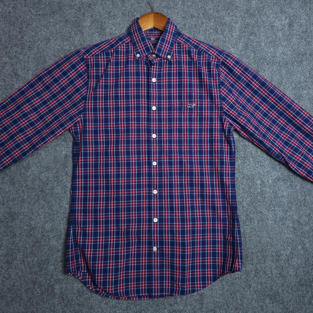 Vineyard Vines Dress Shirt Men's Small Blue Red Plaid Slim Fit Tucker Cotton - Picture 3 of 10
